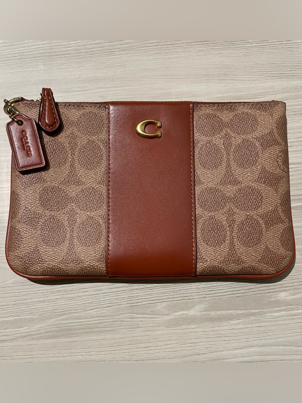 Coach Signature Canvas and Leather LG Wristlet in Tan Caramel/ Brown